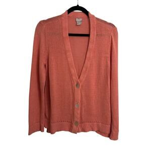 Chico's Cardigan Womens Size 1 Medium Peach Pink Linen Cotton Blend V-Neck